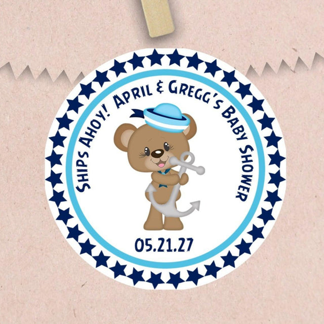 Nautical teddy bear baby shower sticker for boys