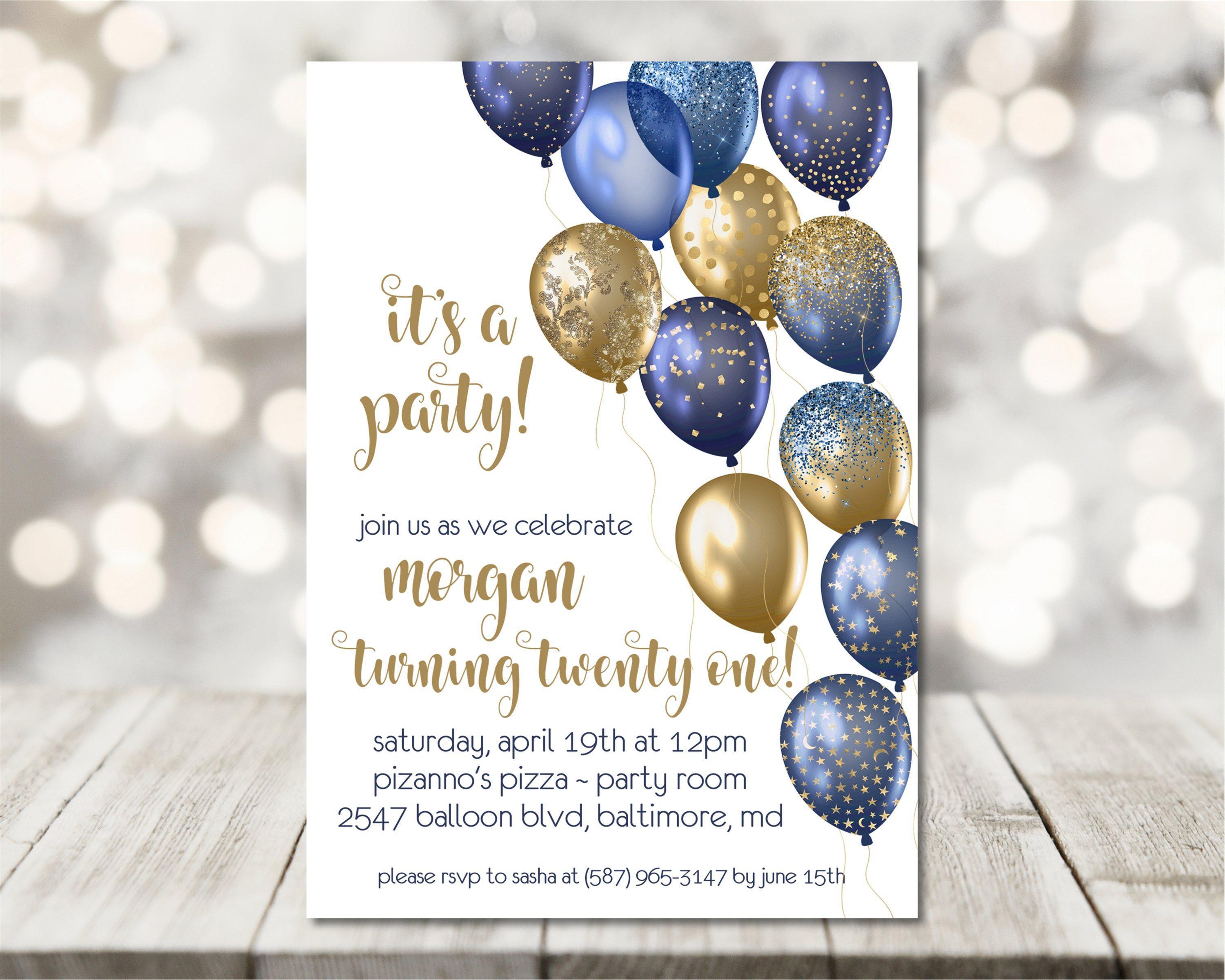 Navy Blue And Gold Balloon Birthday Party Invitations