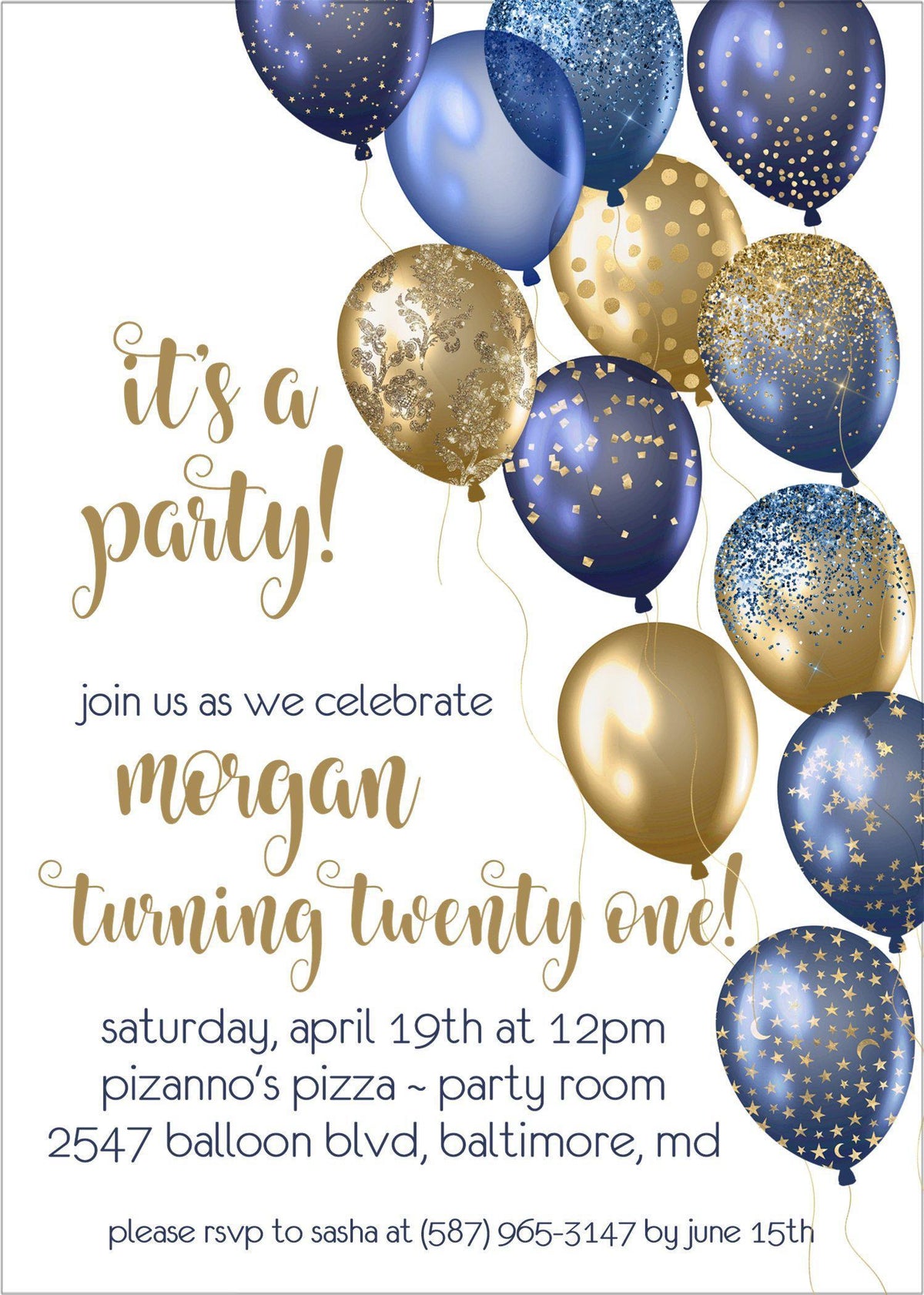 Navy Blue And Gold Balloon Birthday Party Invitations — Party Beautifully