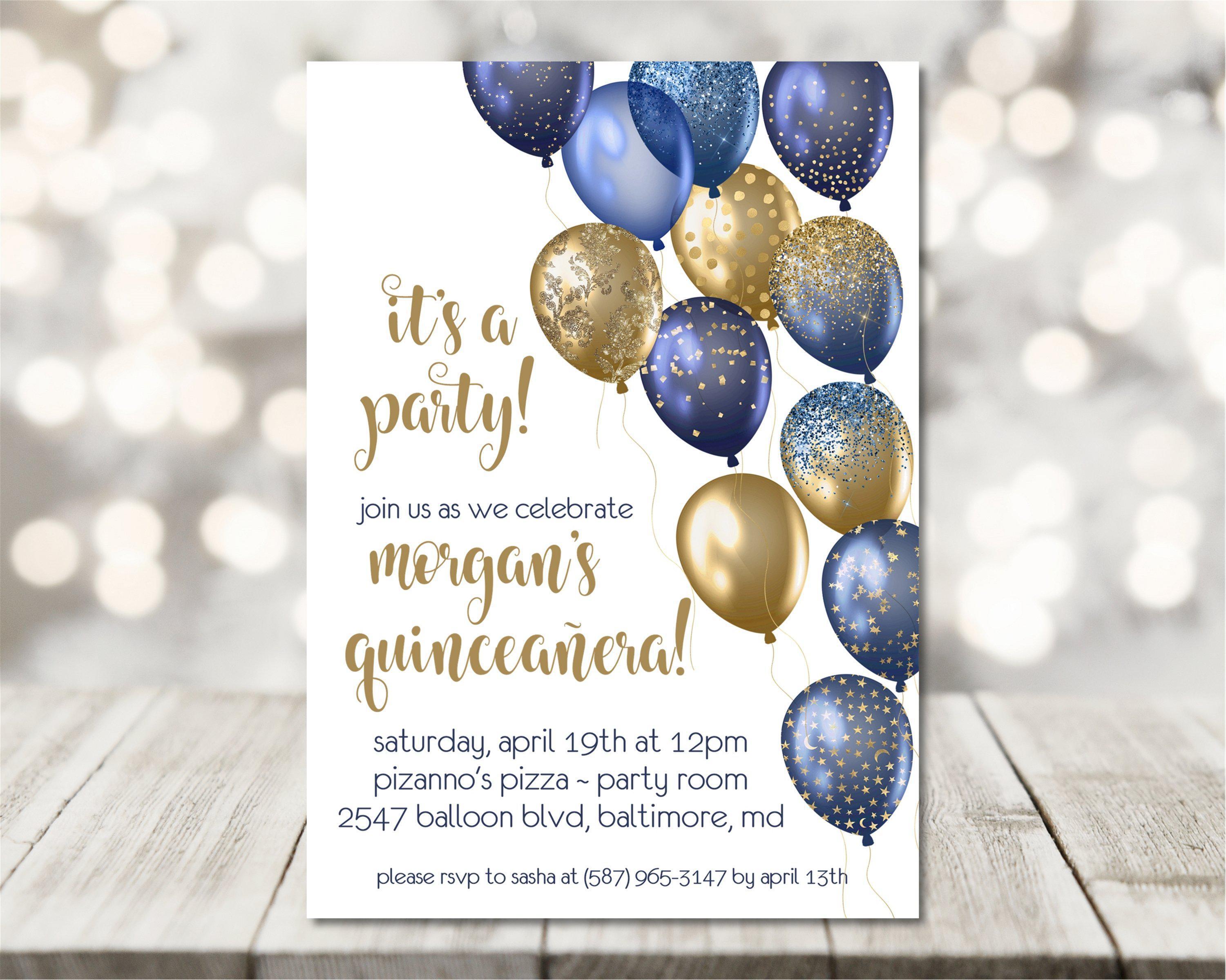 Navy Blue And Gold Balloon Quinceanera Invitations