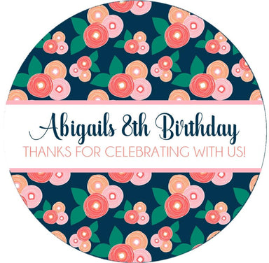 Navy Blue & Coral Floral Birthday Party Stickers Or Favor Tags