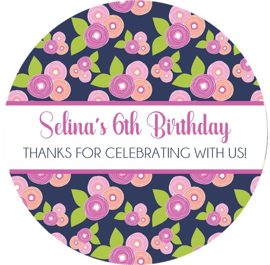 Navy Blue & Purple Floral Birthday Party Stickers Or Favor Tags