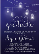 Navy backyard graduation invitation with string lights