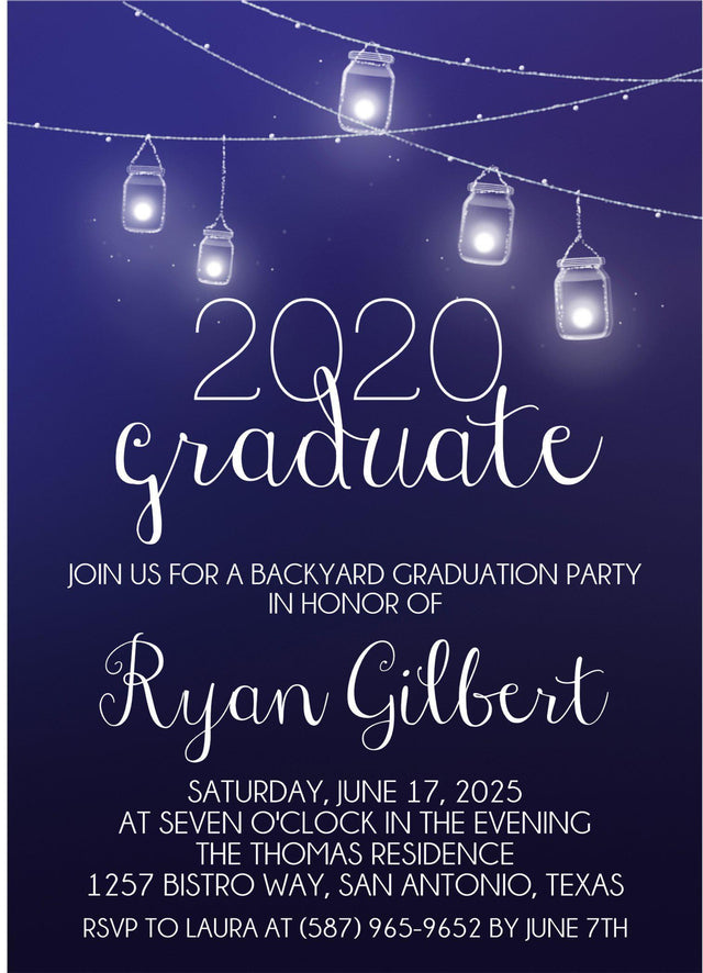 Navy backyard graduation invitation with string lights