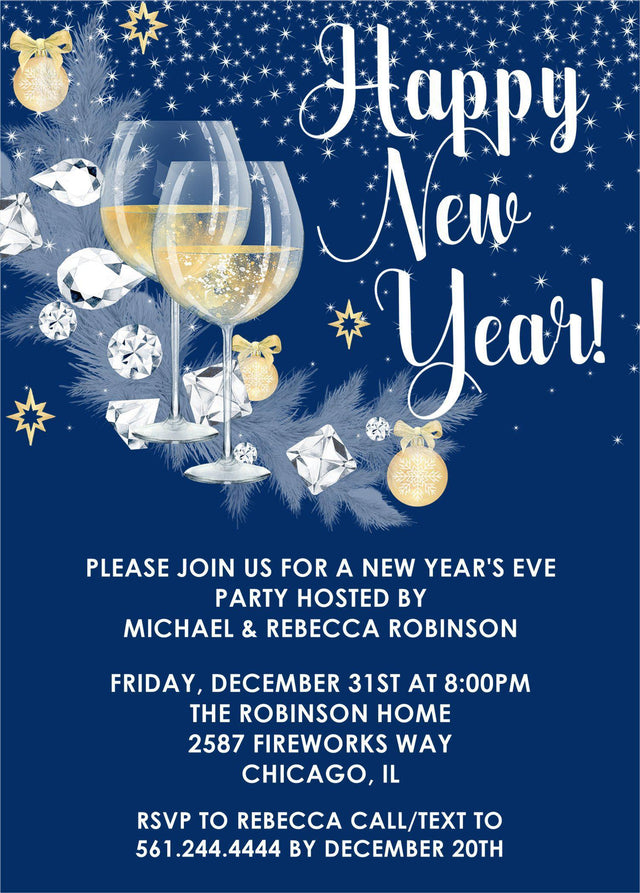 Navy blue and gold New Year's Eve invitation featuring champagne glasses and Happy New Year wording