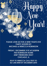 Navy blue and gold New Year's Eve invitation featuring champagne glasses and Happy New Year wording
