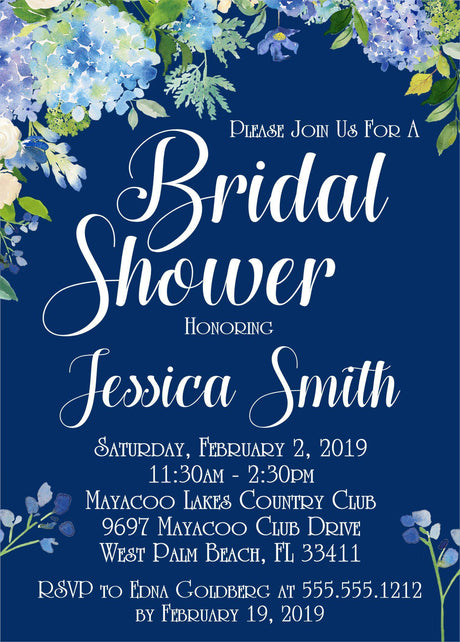 Navy blue hydrangea bridal shower invitation with white lettering