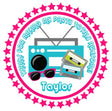 Neon 80s boombox birthday sticker with cassette tapes