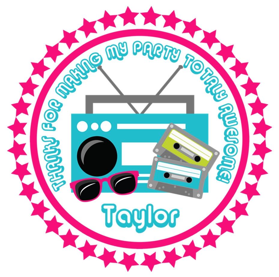 Neon 80s boombox birthday sticker with cassette tapes