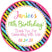 Neon birthday sticker with colorful stripes and custom name