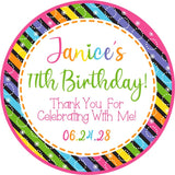 Neon birthday sticker with colorful stripes and custom name