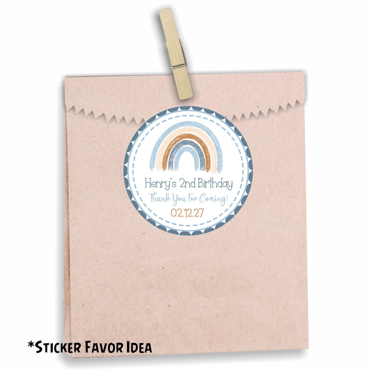 Neutral blue rainbow party favor label for kids’ birthdays