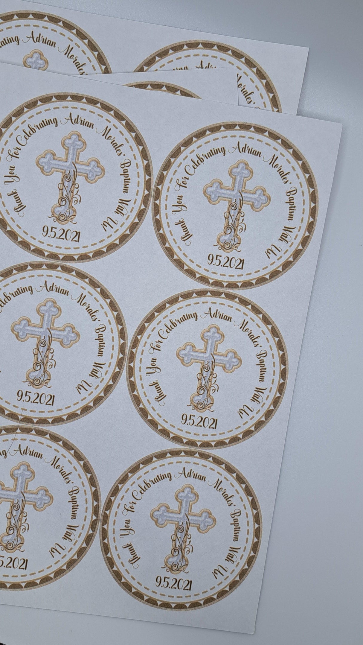 Neutral ivory baptism favor label with decorative cross