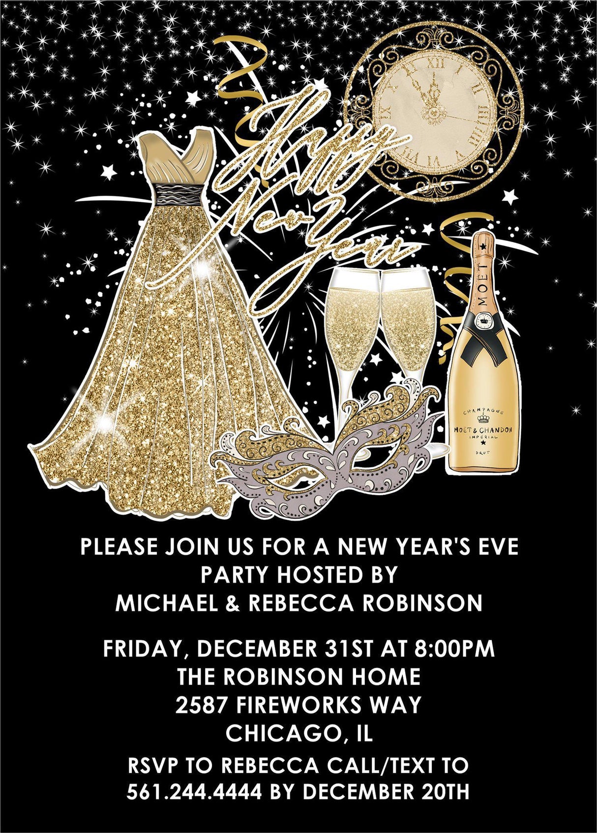 New Year's Eve invitation designs featuring champagne, party hats, and elegant black and gold styling