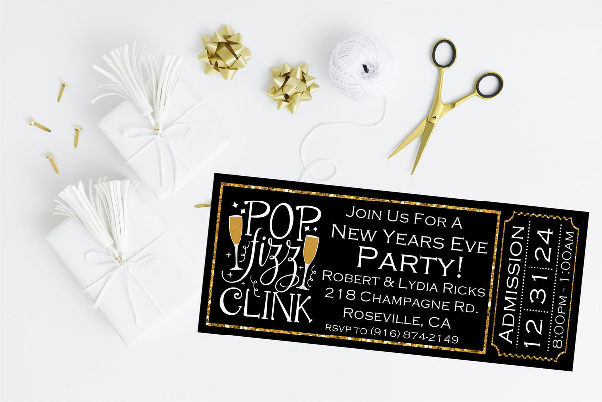 New Year's Eve party invitation featuring holiday themed artwork and ticket style layout