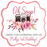 Oh Snap camera birthday sticker with pink florals