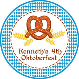 Oktoberfest pretzel birthday sticker with Bavarian blue diamond border