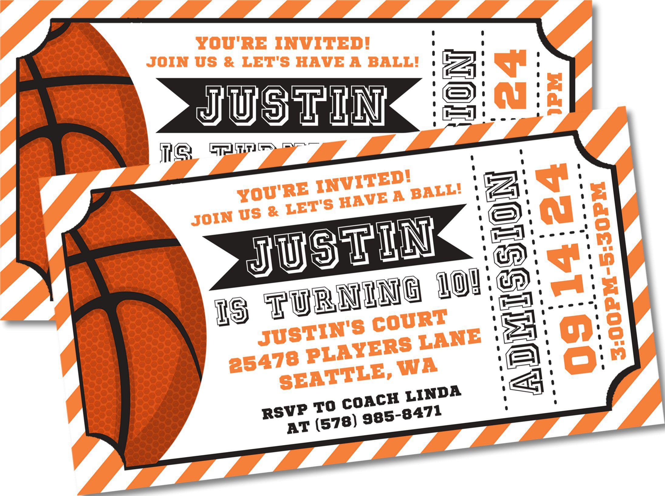 Orange And Black Basketball Birthday Party Ticket Invitations
