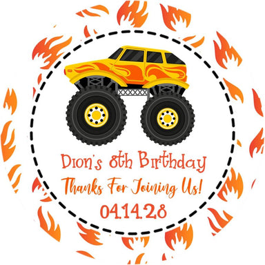 Orange Flame Monster Truck Birthday Party Stickers Or Favor Tags