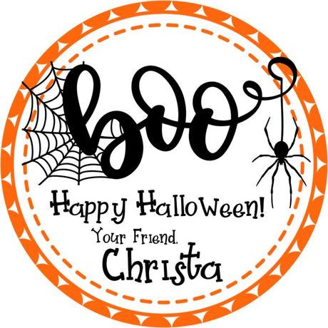 Orange and black BOO Halloween sticker with script lettering