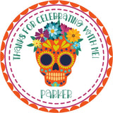 Orange floral sugar skull birthday sticker with personalized name