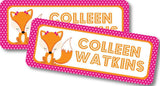 Orange fox school name sticker with woodland animal design