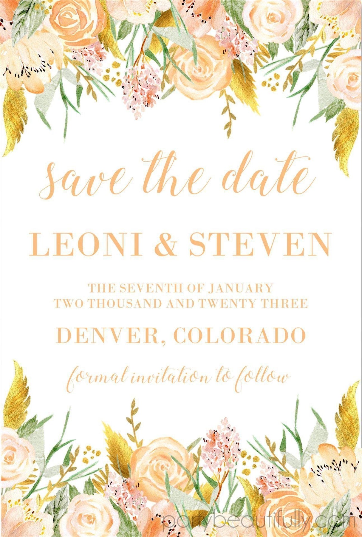 Orange peach gold save the date cards