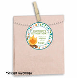Outdoor adventure party favor sticker with campfire illustration
