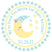 Over the Moon baby shower sticker with moon and stars in blue and yellow