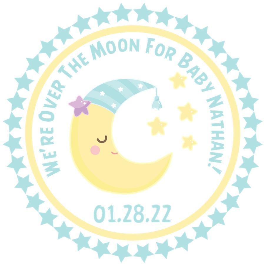 Over the Moon baby shower sticker with moon and stars in blue and yellow