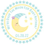 Over the Moon baby shower sticker with moon and stars in blue and yellow