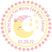 Over the Moon baby shower sticker with pink stars and yellow moon