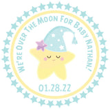 Over the Moon blue baby shower stickers with sleeping star illustration.