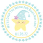 Over the Moon blue baby shower stickers with sleeping star illustration.