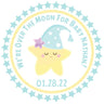 Over the Moon blue baby shower stickers with sleeping star illustration.