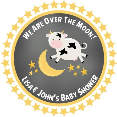 Over the Moon cow baby shower sticker with yellow star border