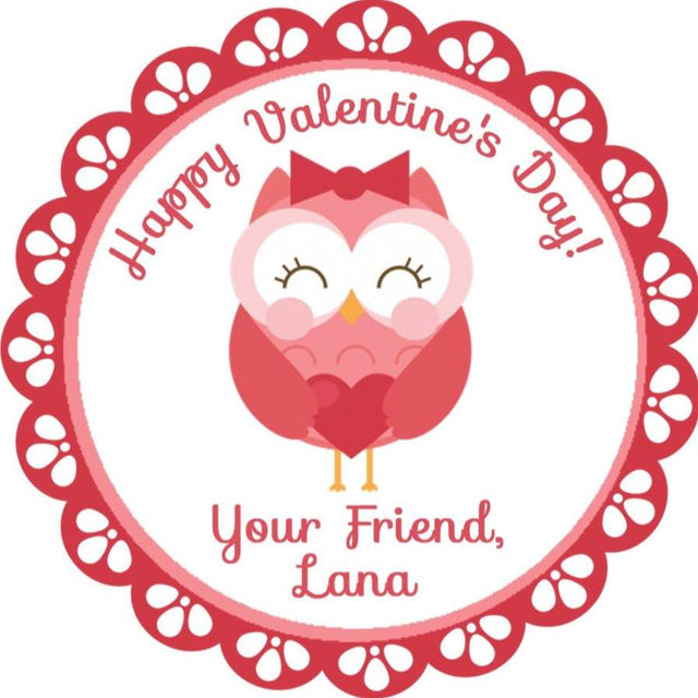 Owl-themed Valentine’s Day label in red and pink