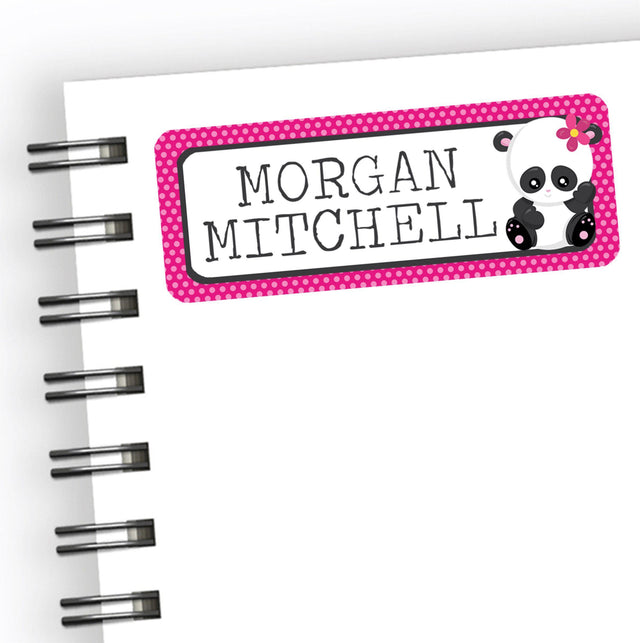Panda back to school name labels with pink polka dot border