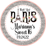 Paris theme favor label in pink and silver for any age celebration