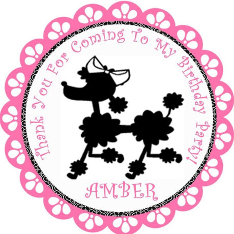 Paris themed poodle birthday sticker in pink and black