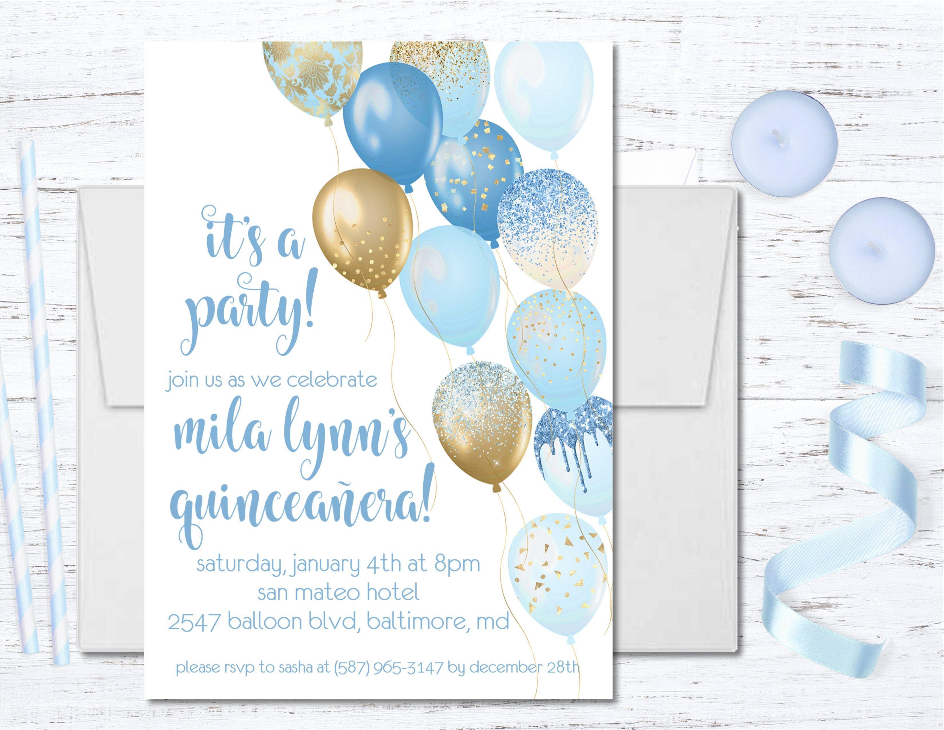 Pastel Blue And Gold Balloon Quinceanera Invitations