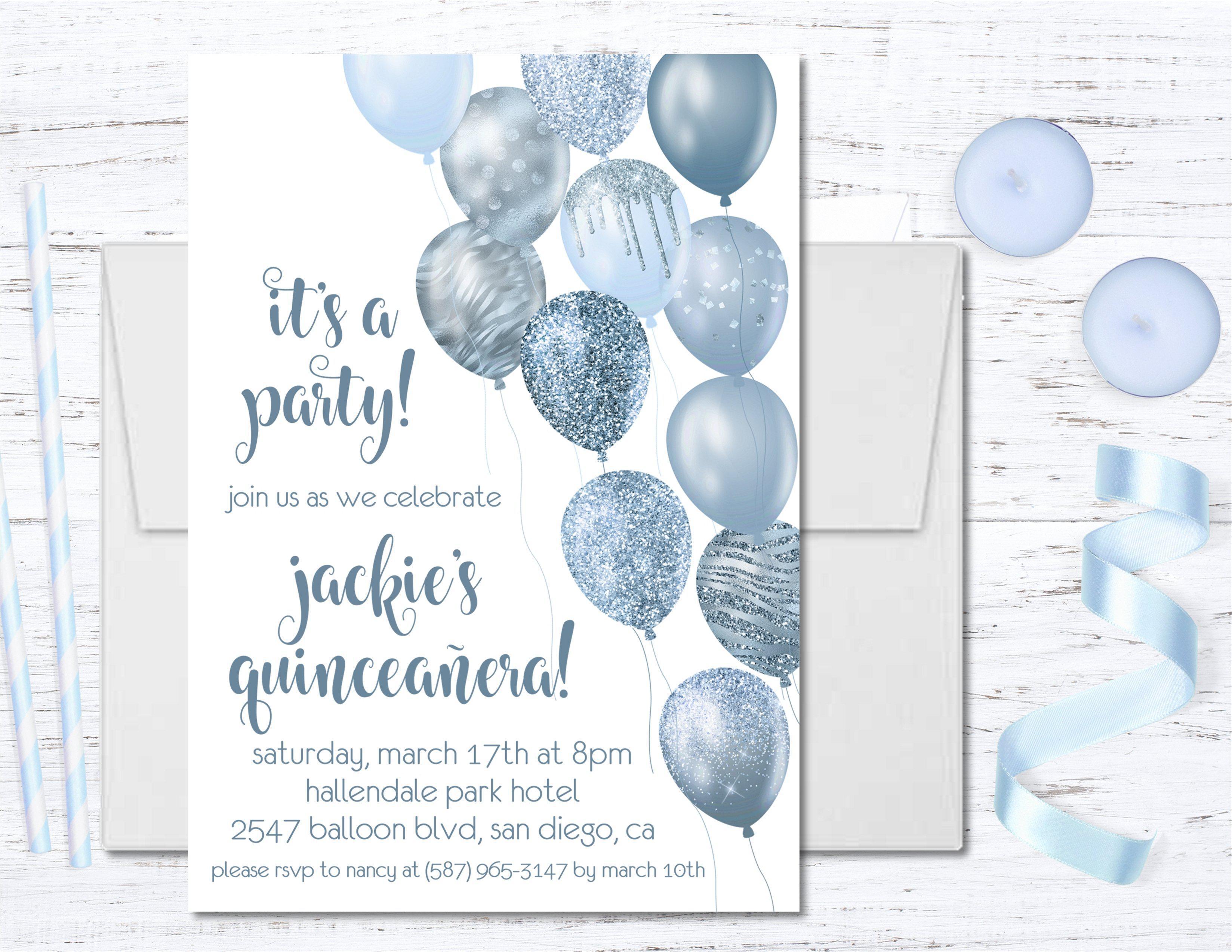 Pastel Blue Balloon Quinceanera Invitations