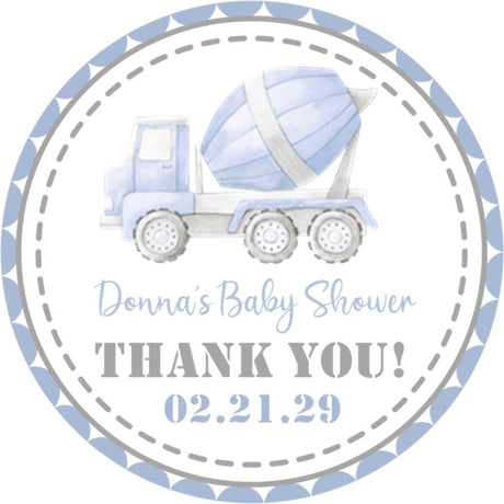 Pastel blue construction baby shower sticker with watercolor cement truck