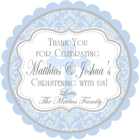 Pastel blue damask christening sticker with classic pattern
