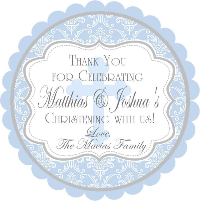 Pastel blue damask christening sticker with classic pattern