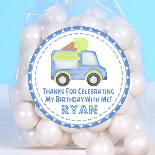 Pastel blue ice cream truck birthday sticker with lime cone