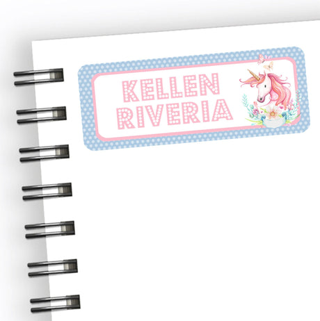 Pastel blue pink unicorn school supply name labels