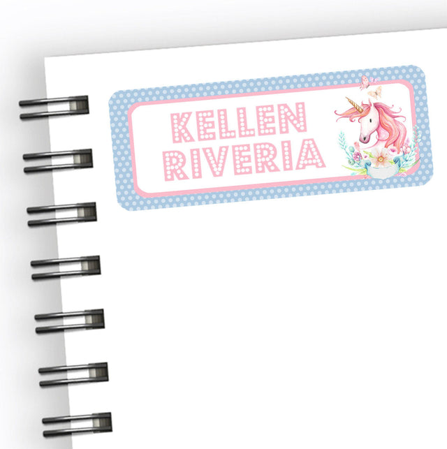 Pastel blue pink unicorn school supply name labels