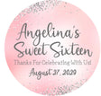 Pastel pink Sweet Sixteen sticker with silver sprinkle design