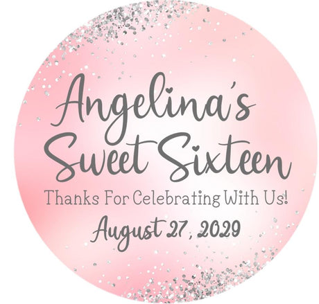 Pastel pink Sweet Sixteen sticker with silver sprinkle design
